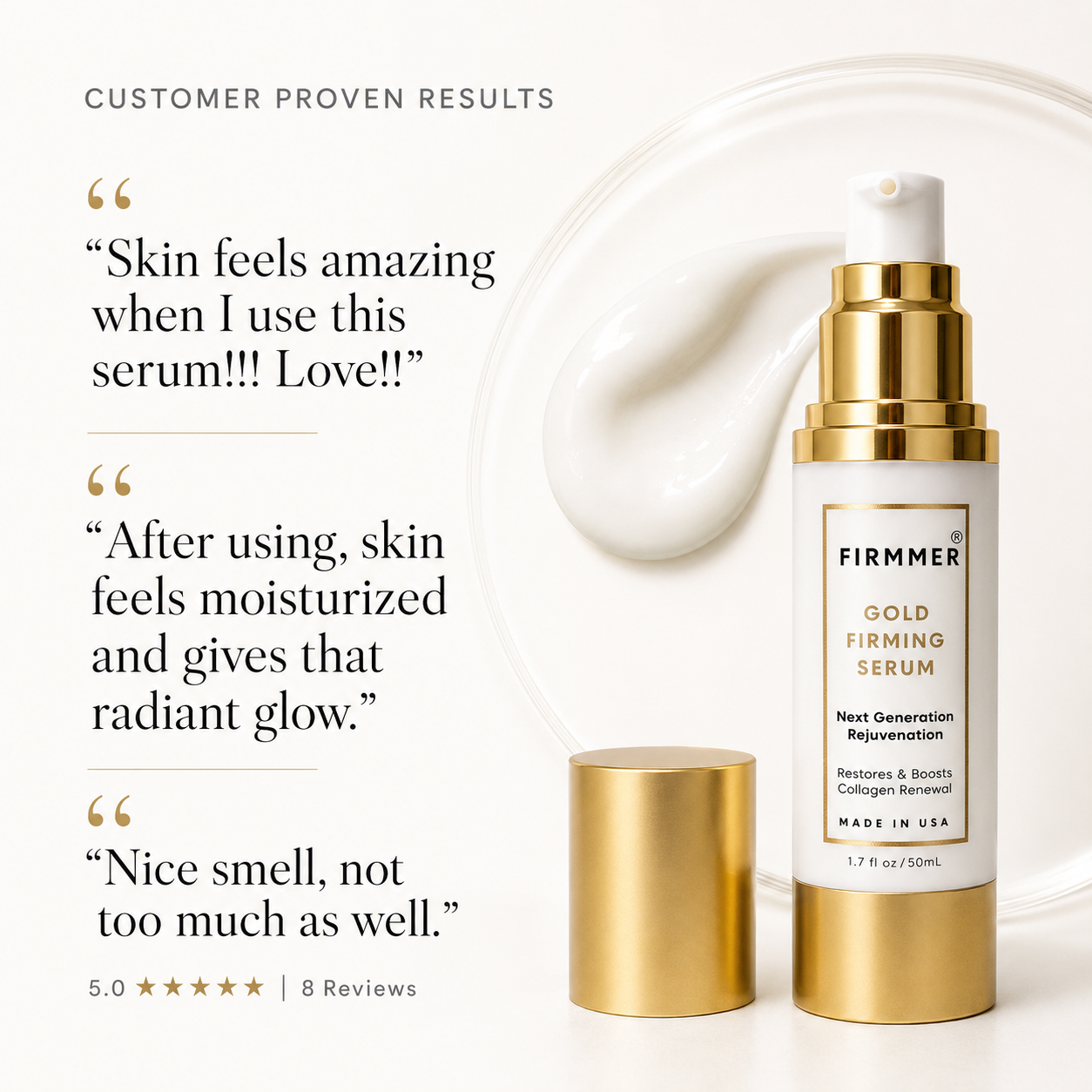 FIRMMER® customer-review artwork with three excerpts and an aggregate rating