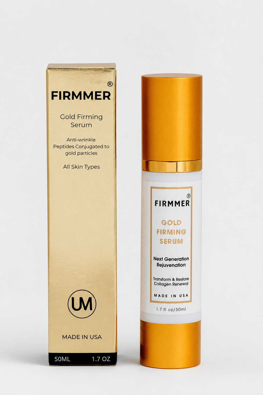 FIRMMER® Gold Firming Serum carton and airless pump bottle