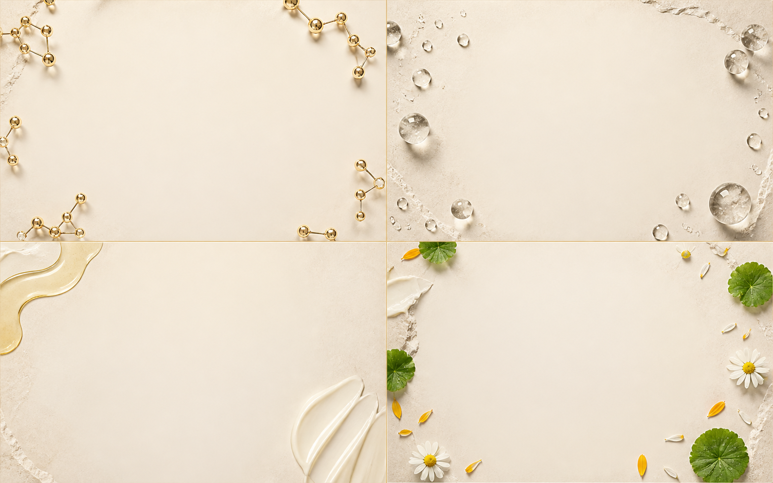 Botanical still life representing peptides, hydration, emollients and plant extracts